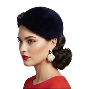 Vintage 1950s Merrimac Navy Blue Velour Pillbox Tilt Hat Beaded